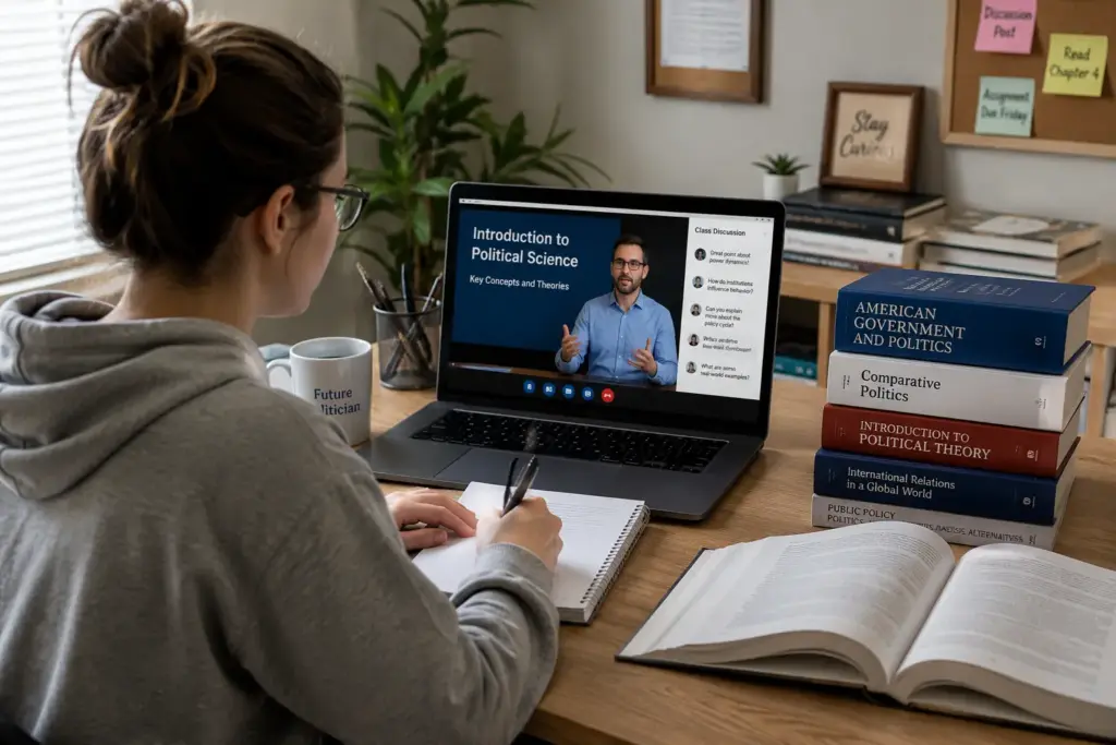 Online political science student attending virtual classes