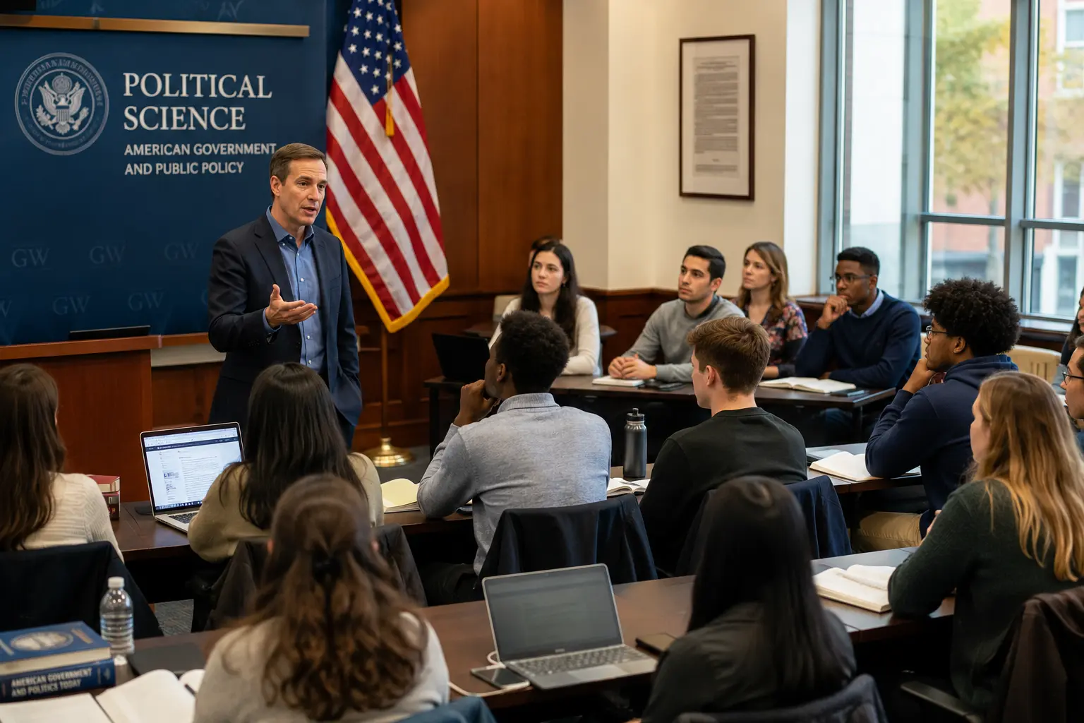 Students studying political science in an American university